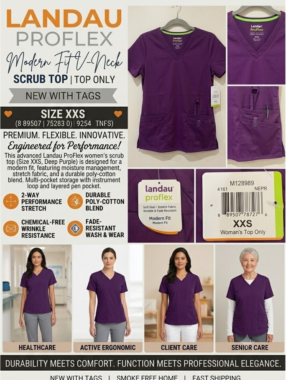 Landau ProFlex Scrub Top Womens XXS Purple V-Neck